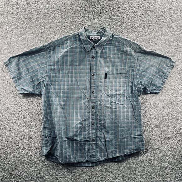 Columbia‎ Men Shirt 2XB Blue Green Plaid 100% Cotton Short Sleeve Button Front - Picture 1 of 8
